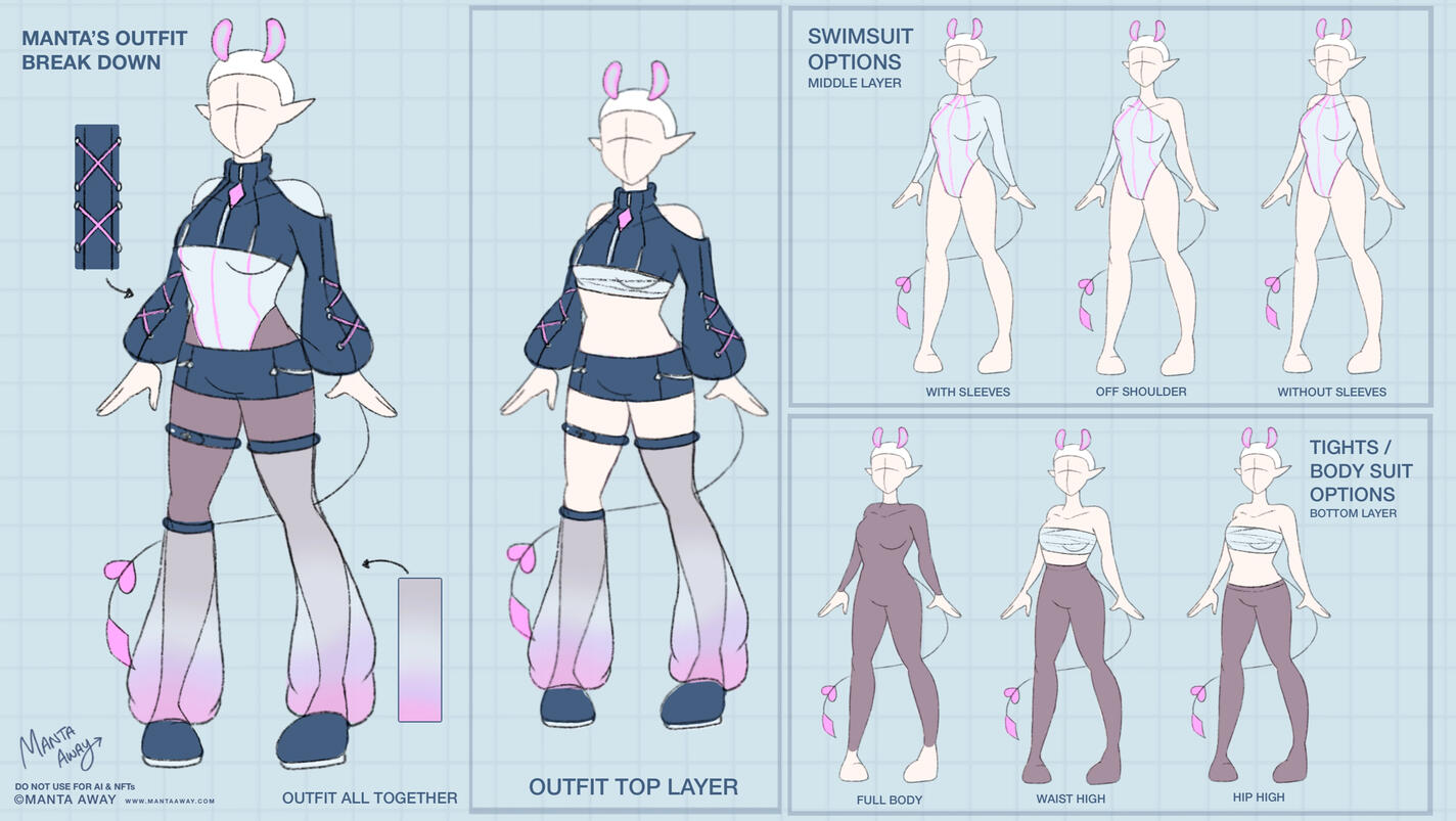 Manta’s Reference Sheet. Breaking down Manta's layers of her outfit which can be mixed together to create different looks.