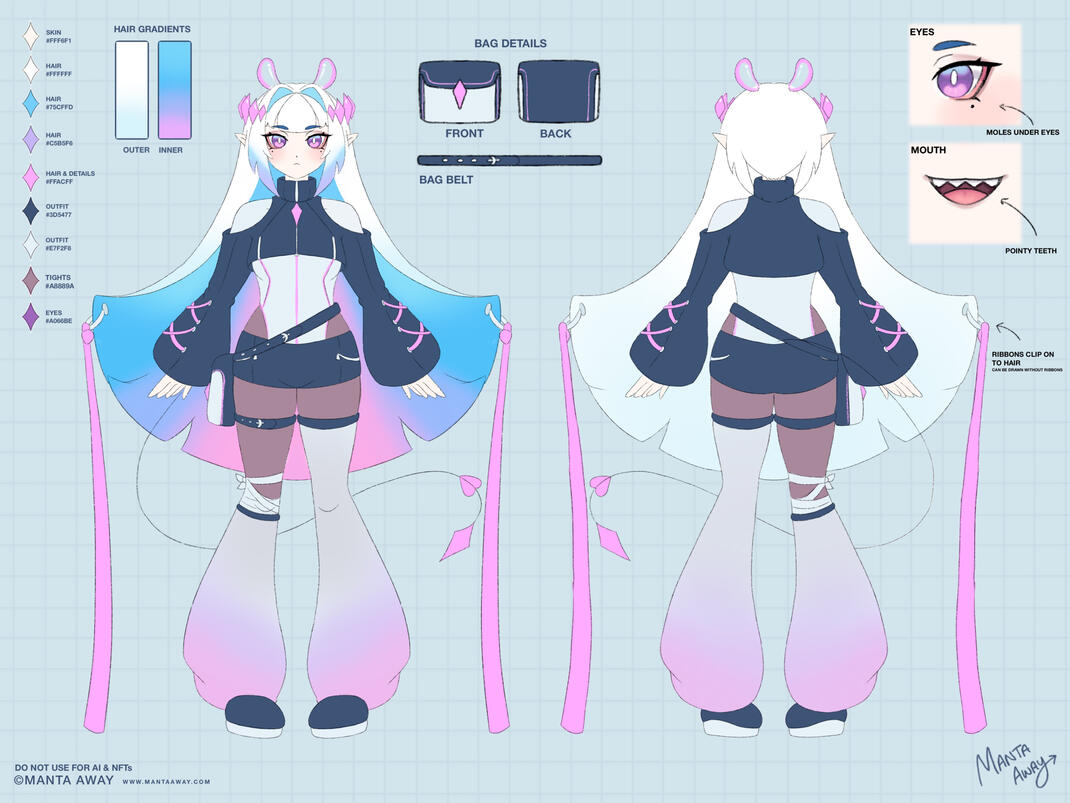 Manta’s Reference Sheet. White Manta Ray girl with Pink transparent ears and a pink diamond star crown. Wearing dark purple outfit.