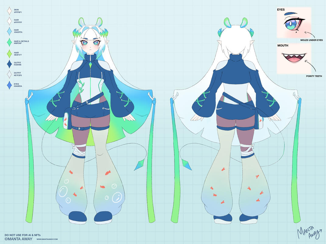 Manta’s Frutiger Aero Reference Sheet. Manta Ray girl with Frutiger Aero skin changing her outfit to blues and greens.