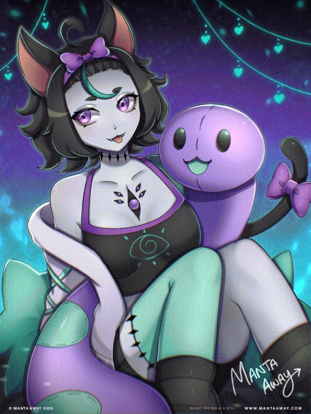 Juwu by MantaAway JuwuVT VTuber and Artist wearing PJ outfit holding purple plushie.