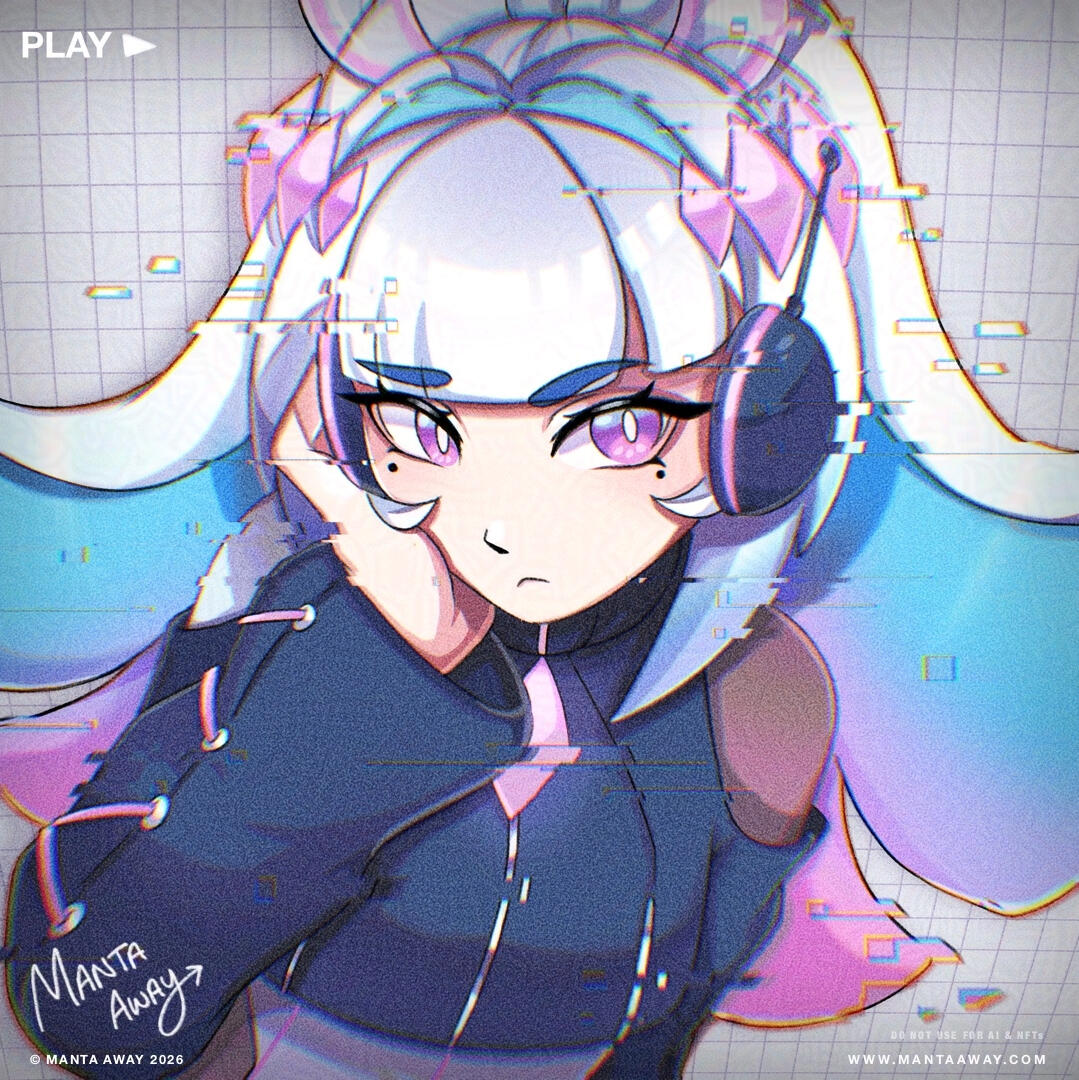 White Manta Ray girl with Pink transparent ears and a pink diamond star crown. Wearing dark purple outfit. Listening to music with headphones.