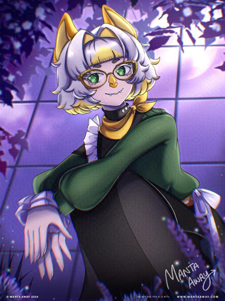 Yam Albat, Bat VTuber sitting in a green house garden at night.