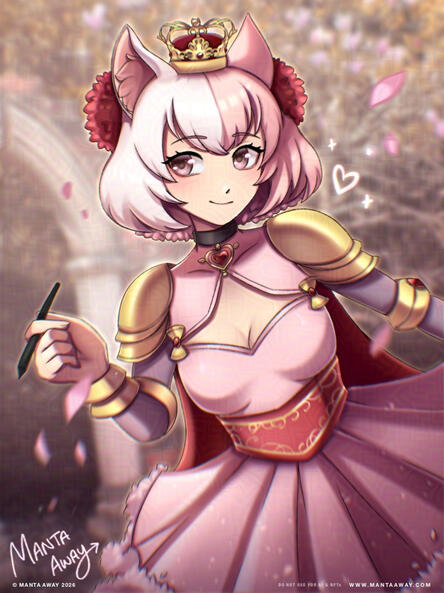 Sayuui, Royal Cat VTuber Artist posing holding her drawing pen with blossom floating in the air.