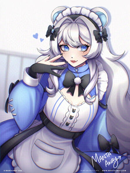 EepyAstra, Bear VTuber and Artist at maid café leaning against the café chairs with a cute pose.