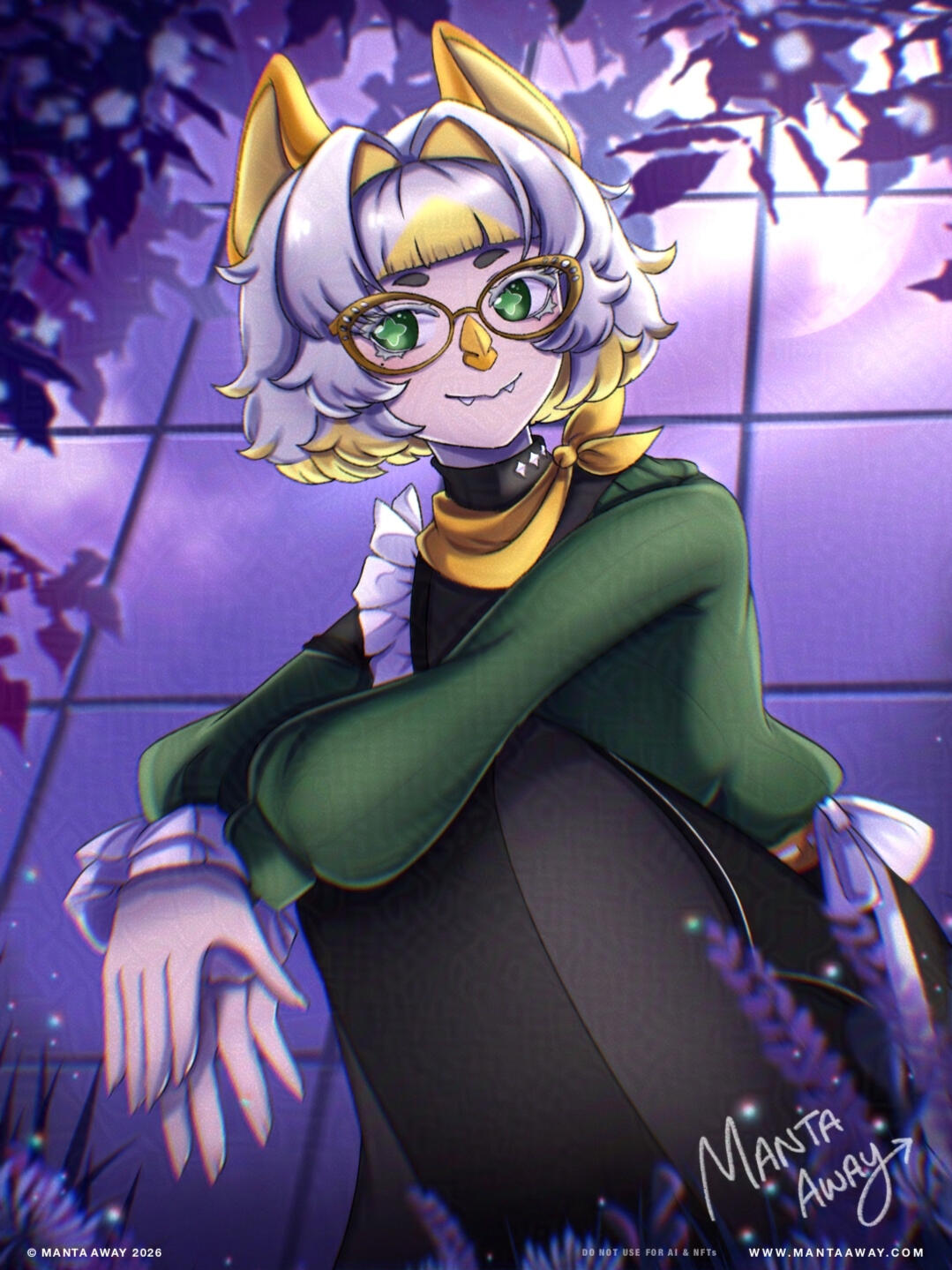 Yam Albat by MantaAway Yam Albat, Bat VTuber sitting in a green house garden at night.