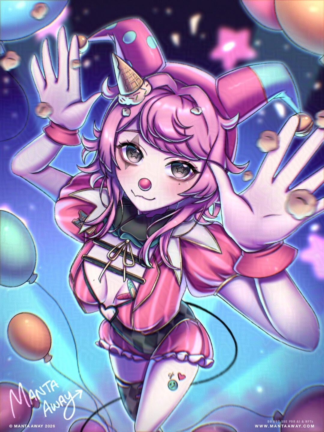 Rei Bubbles by MantaAway Rei Bubbles, Abandoned Clown VTuber throwing popcorn in the air at the Circus.