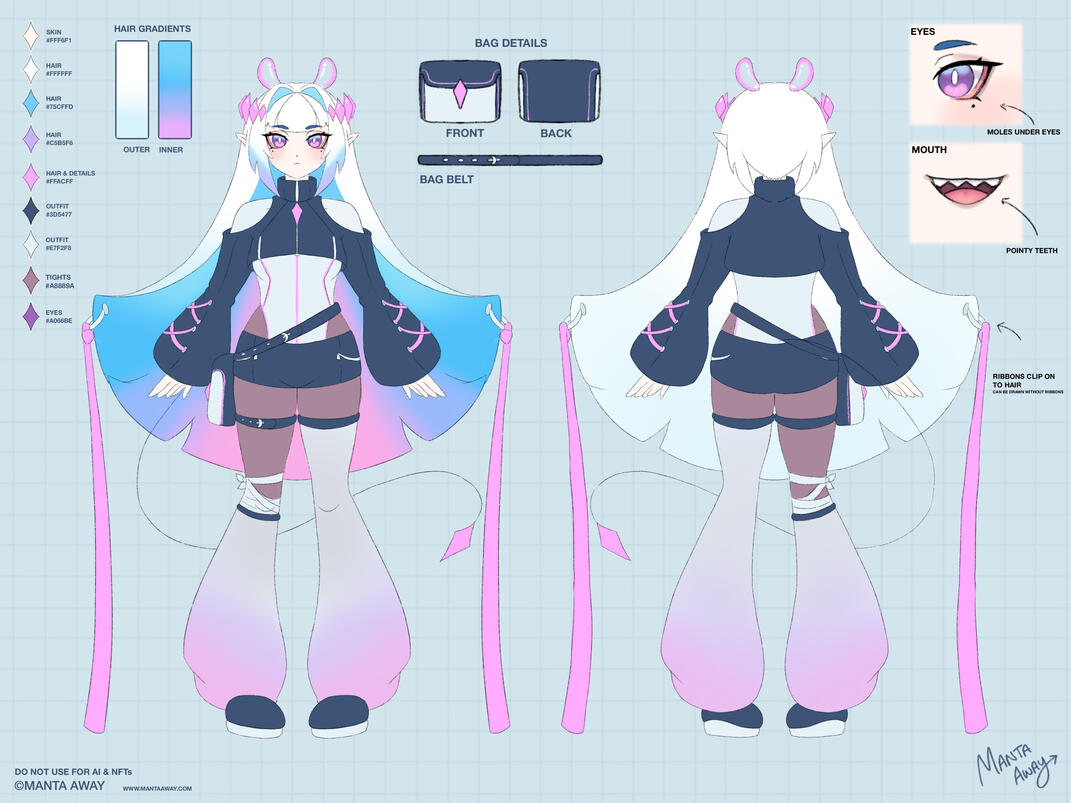 MantaAway Reference Sheet Manta’s Reference Sheet. White Manta Ray girl with Pink transparent ears and a pink diamond star crown. Wearing dark purple outfit.