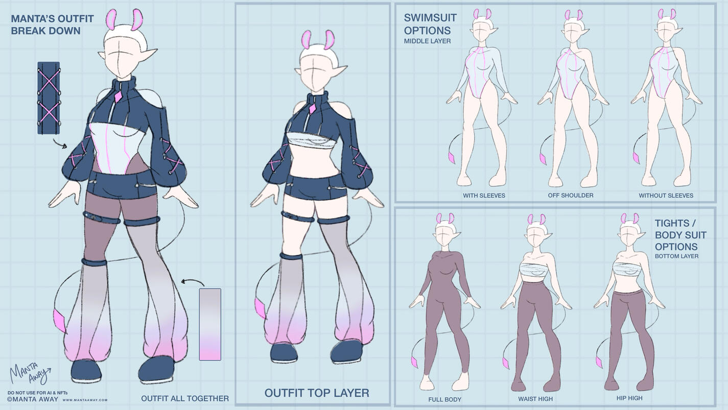 MantaAway Outfit Reference Sheet Manta’s Reference Sheet. Breaking down Manta's layers of her outfit which can be mixed together to create different looks.