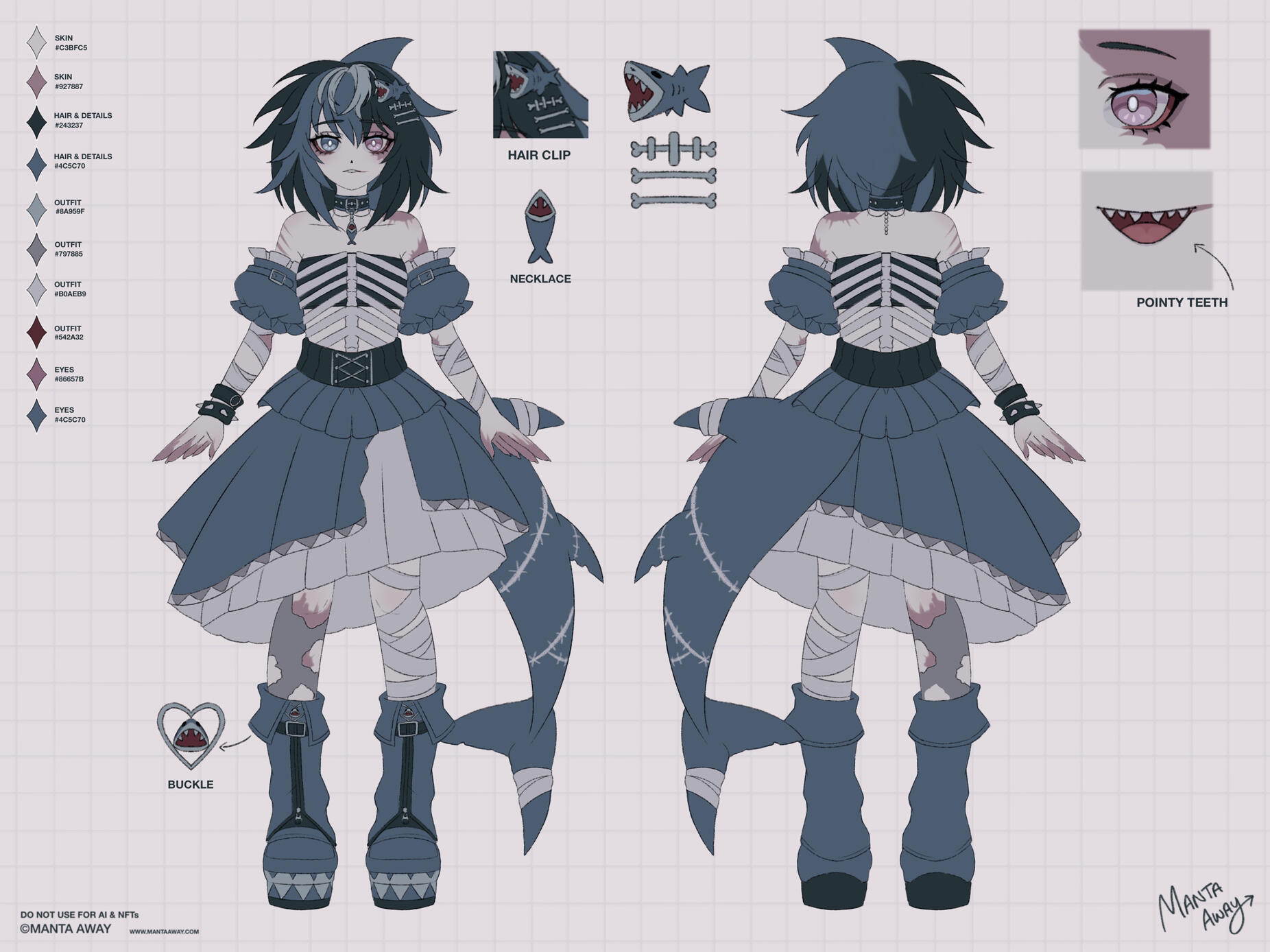 Bite Reference Sheet Bite’s Reference Sheet. Zombie Great White Shark with scars wearing dark blue dress dress with bones on it.